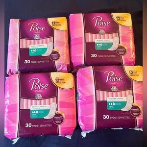 4 Brand New Poise Pads Regular Length 3 Light. 30 pads each pack.